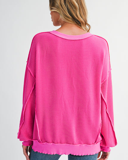 Strawberry Pink Twisted Ribbed Seamed Patchwork Long Sleeve Top