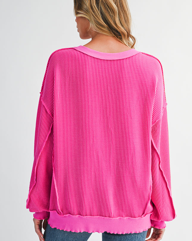 Strawberry Pink Twisted Ribbed Seamed Patchwork Long Sleeve Top