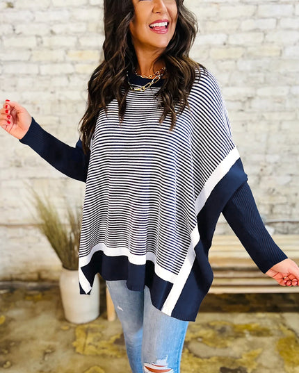 Blue Striped Colorblock Patchwork Dolman Oversize Tunic Sweater