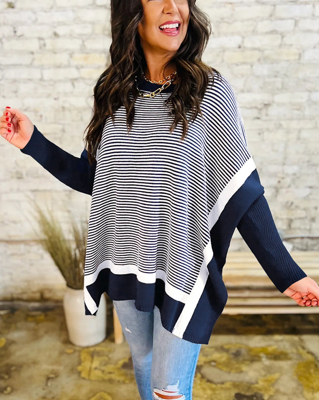 Blue Striped Colorblock Patchwork Dolman Oversize Tunic Sweater