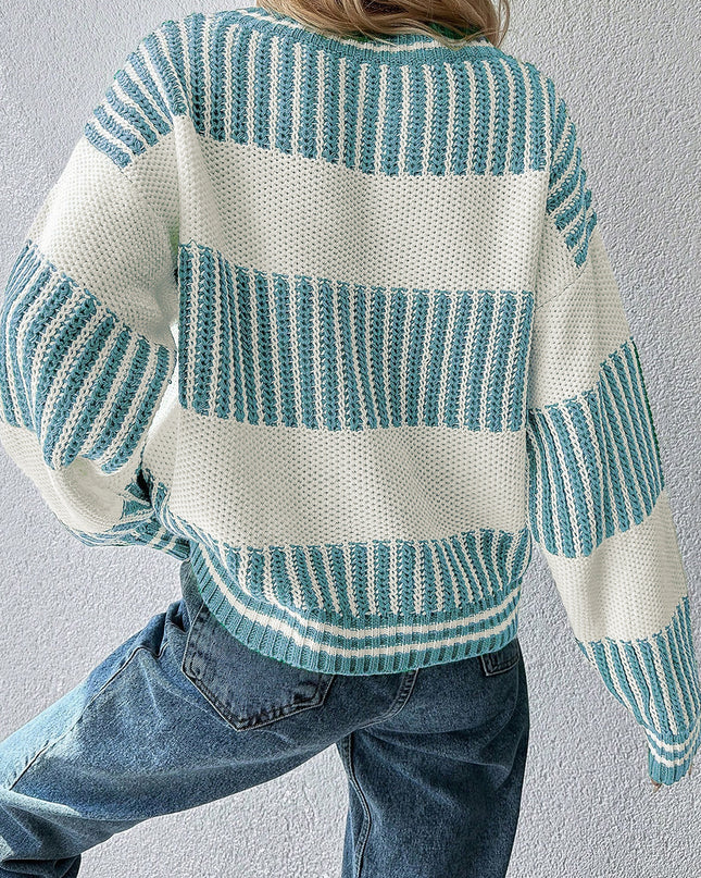Light Blue Two Tone Striped Patchwork Drop Shoulder Sweater