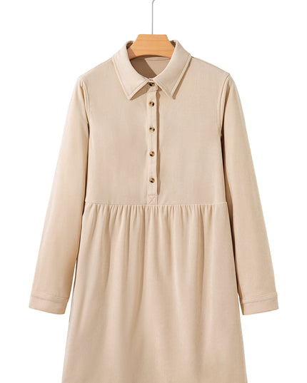 Oatmeal Corduroy Half Button Collared Long Sleeve Mini Dress