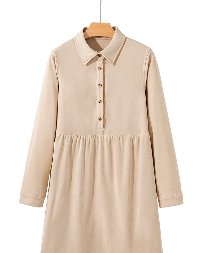 Oatmeal Corduroy Half Button Collared Long Sleeve Mini Dress