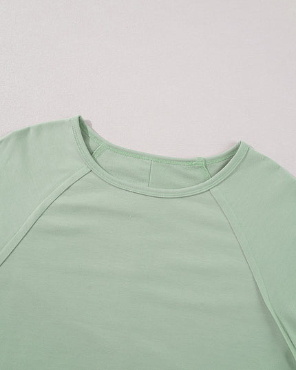 Smoke Green Flower Patchwork Exposed Seam Raglan Sleeve Top