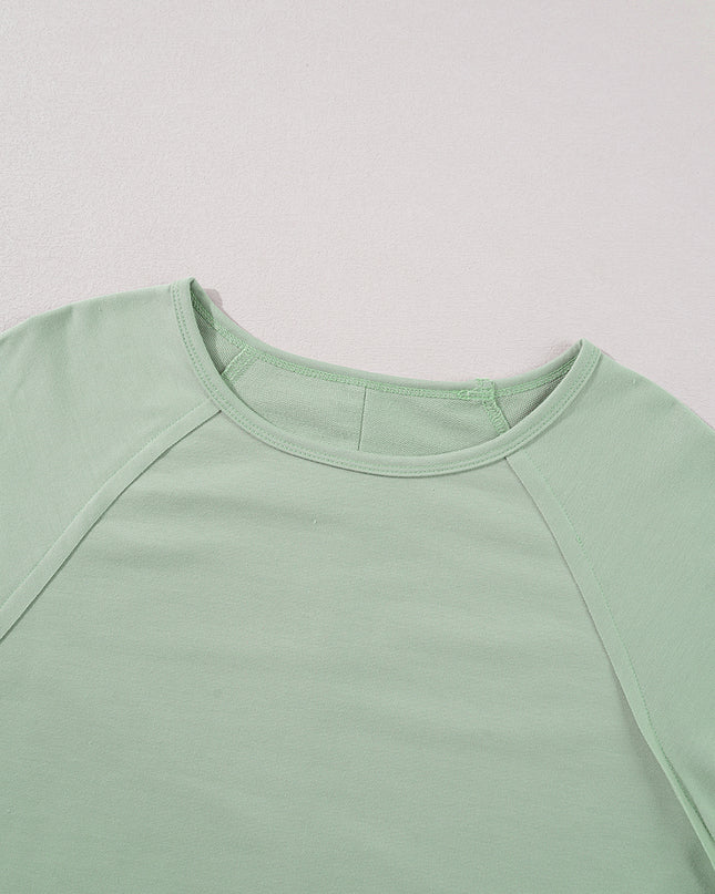 Smoke Green Flower Patchwork Exposed Seam Raglan Sleeve Top