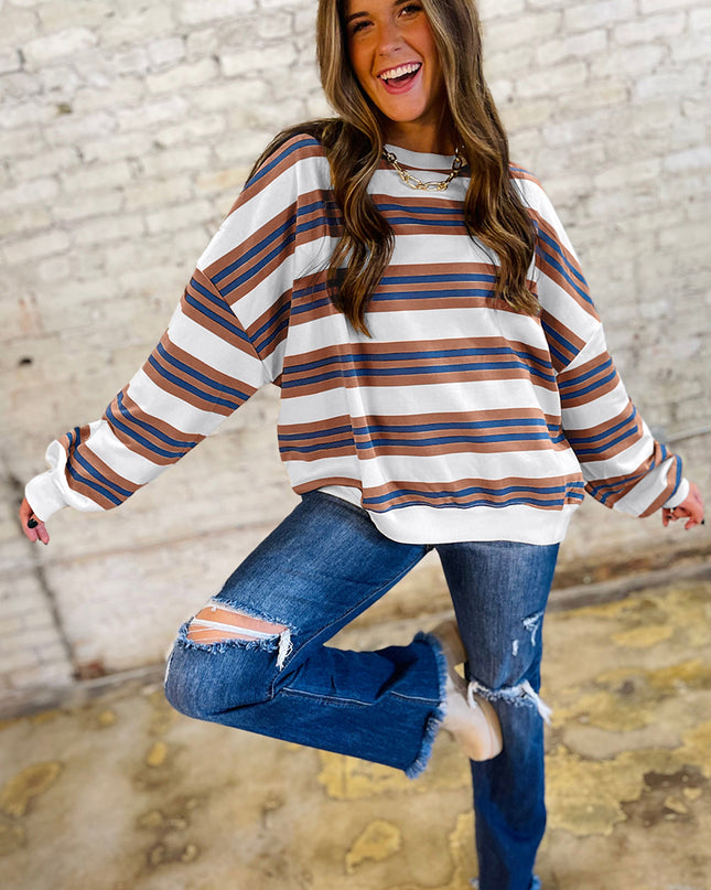 Brown Stripe Crew Neck Drop Shoulder Pullover Sweatshirt – Women’s Casual Long Sleeve