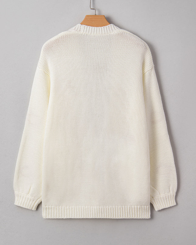 White Pumpkin Print Open Front Drop Shoulder Knit Cardigan