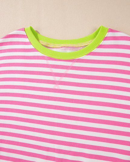 Blue Striped Contrast Trim Drop Shoulder Sweatshirt