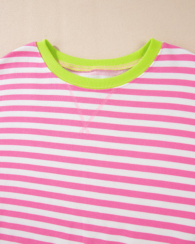 Blue Striped Contrast Trim Drop Shoulder Sweatshirt