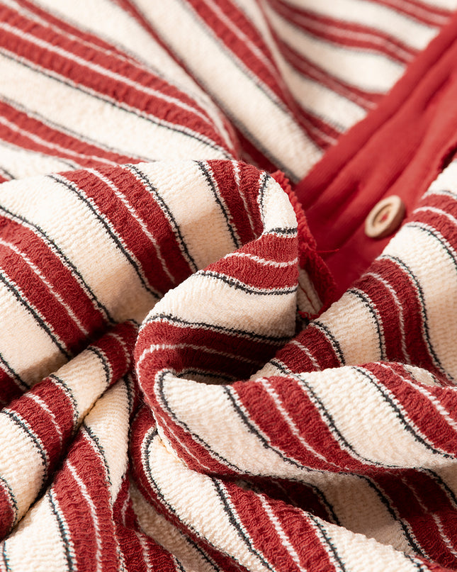 Red Stripe Collared V Neck Drop Shoulder Top
