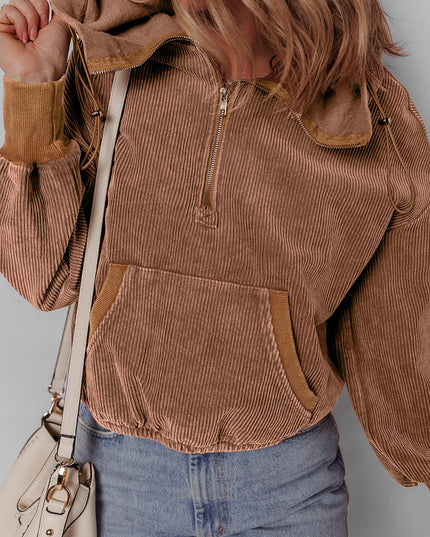 Chestnut Half Zipper Kangaroo Pocket Drawstring Corduroy Hoodie