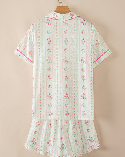Pink Polka Dot and Bow Print Ruffle Hem Shorts Pajama Set