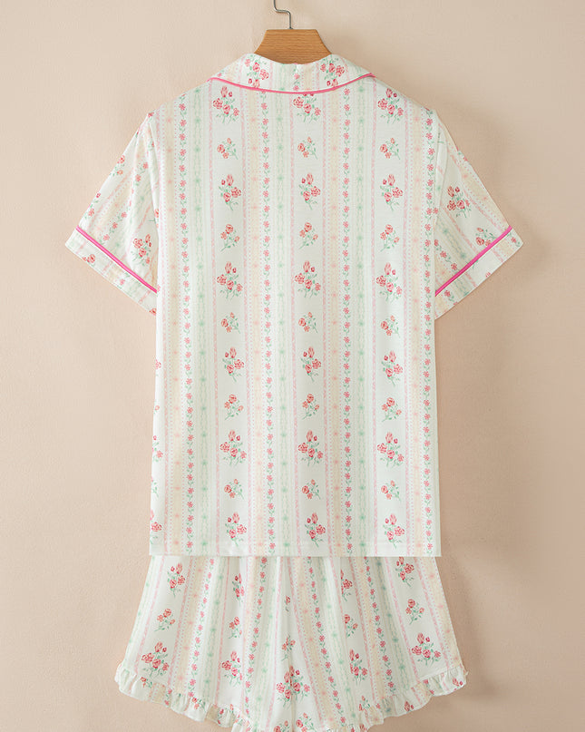 Pink Polka Dot and Bow Print Ruffle Hem Shorts Pajama Set