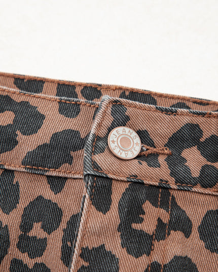 Brown Leopard Frayed Split Denim Midi Skirt