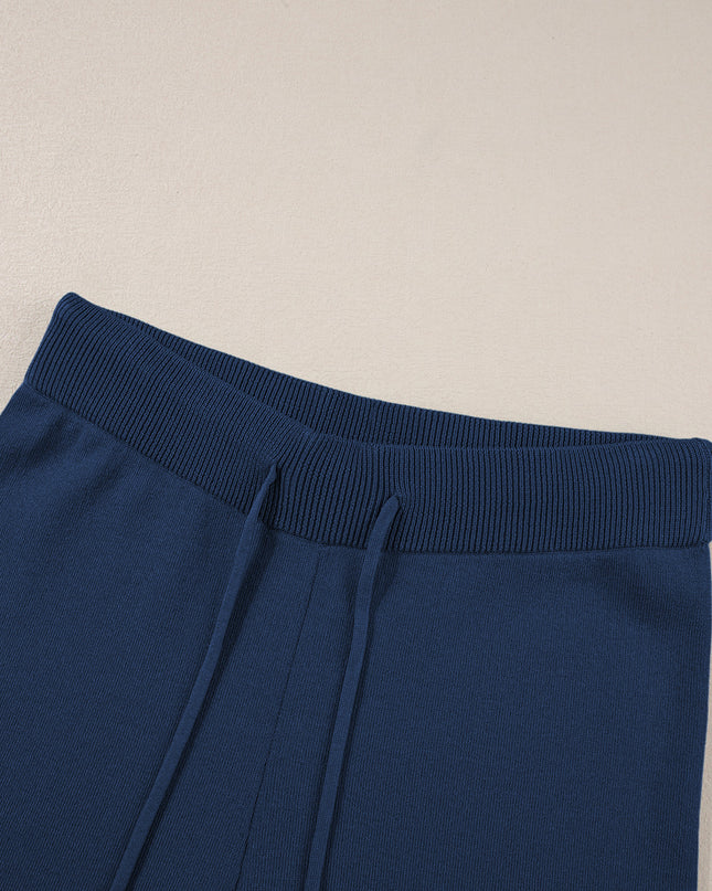 Navy Blue Loose Contrast Trim Half Sleeve Top and Drawstring Pants Set