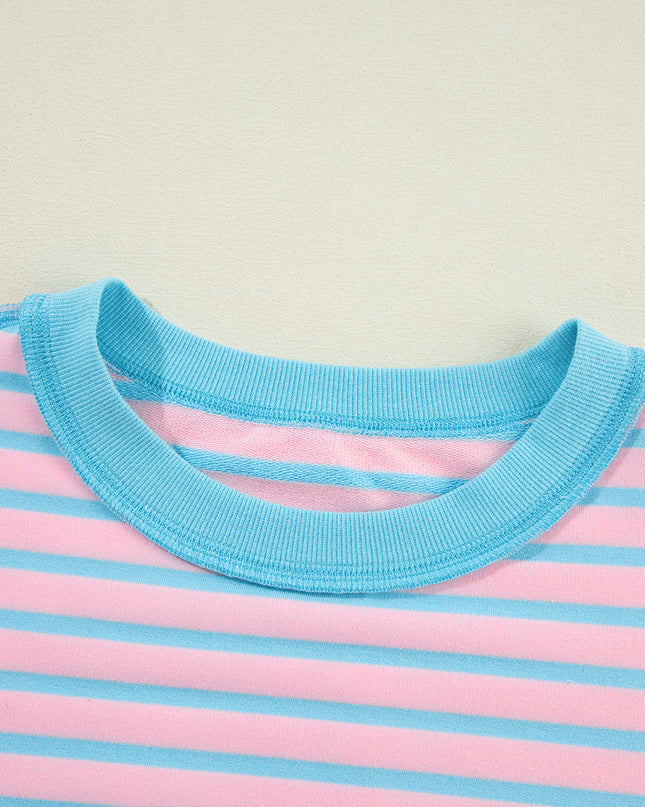 Pink Stripe Contrast Trim High Low Tunic Sweatshirt