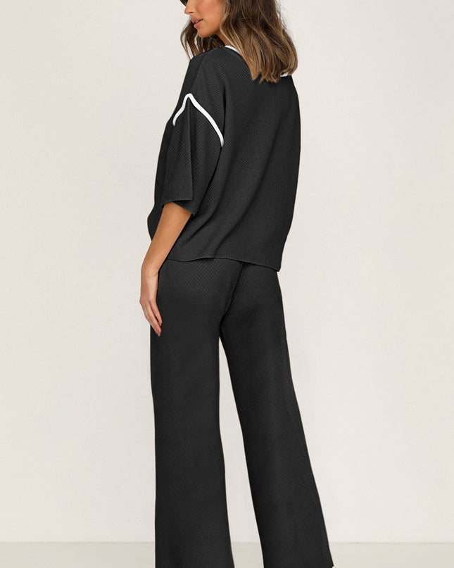 Navy Blue Loose Contrast Trim Half Sleeve Top and Drawstring Pants Set