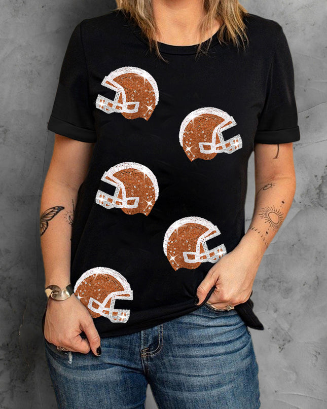 Black Sequin Baseball Helmet Graphic Crewneck T Shirt