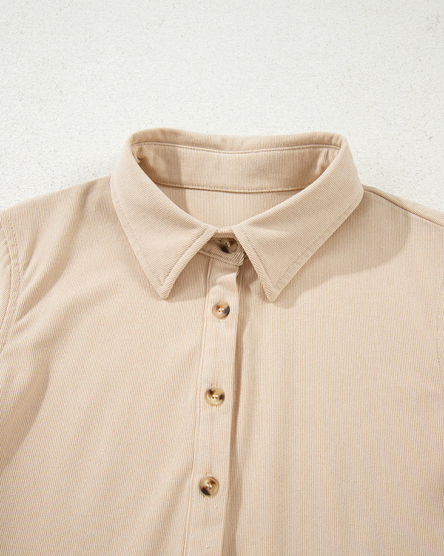 Oatmeal Corduroy Half Button Collared Long Sleeve Mini Dress