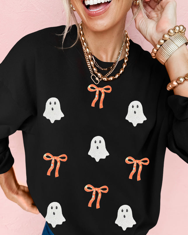 Black Halloween Ghost Bow Sequin Patched Drop Shoulder Sweatshirt