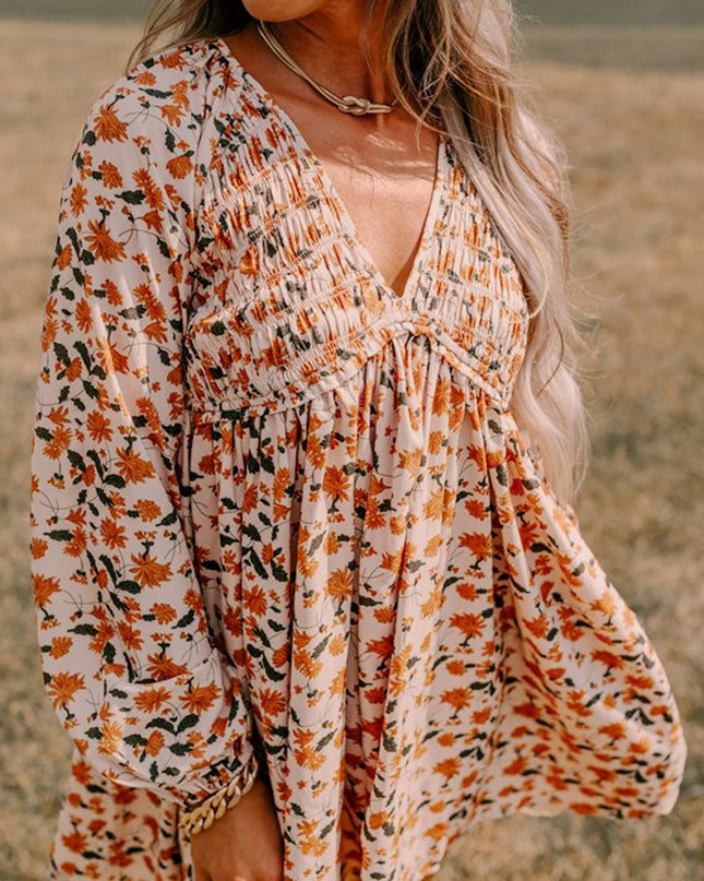 Beige Floral Smocked V Neck Bubble Sleeve Babydoll Dress