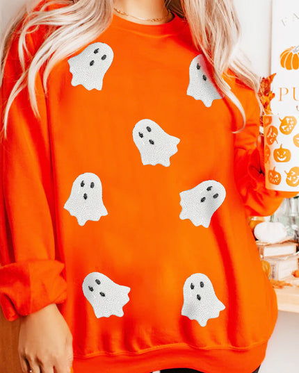 Black Sequin Halloween Ghost Patched Drop Shoulder Sweatshirt