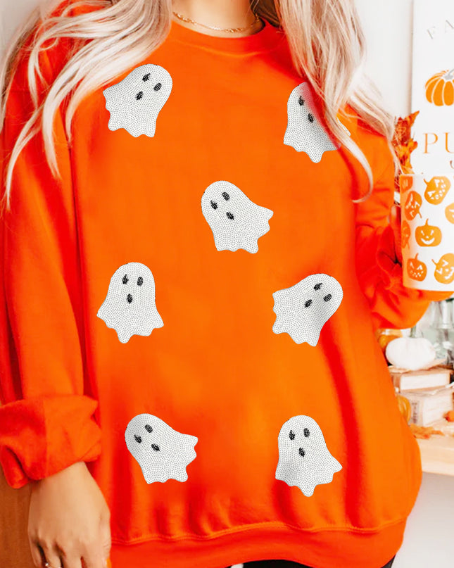 Black Sequin Halloween Ghost Patched Drop Shoulder Sweatshirt