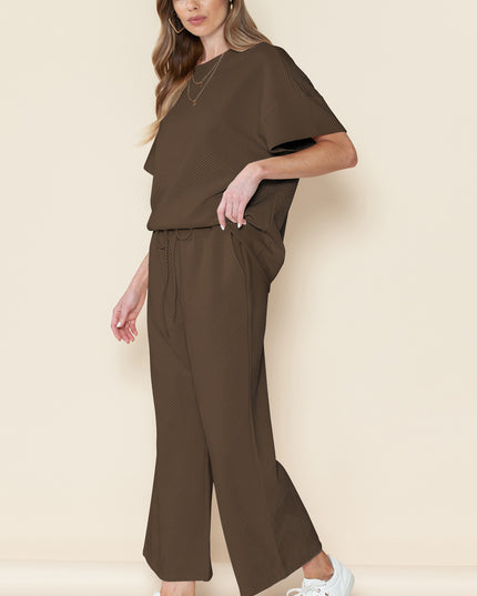 Black Textured Loose Fit T Shirt and Drawstring Pants Set