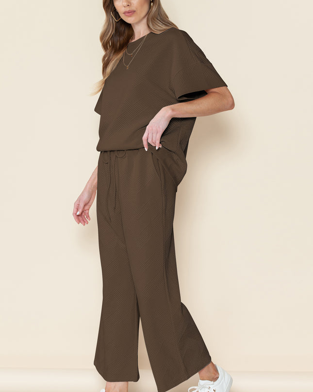 Black Textured Loose Fit T Shirt and Drawstring Pants Set