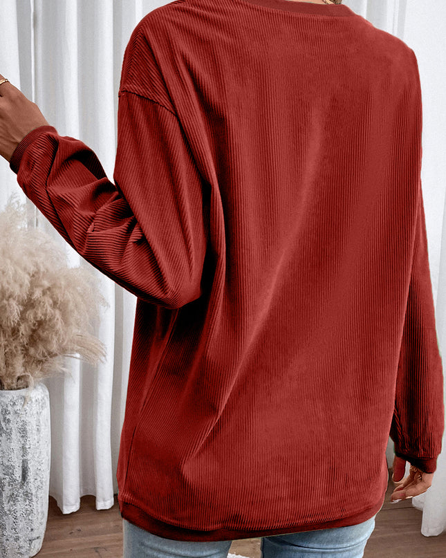 Red Plain Drop Sleeve Rib Knit Oversized Sweatshirt