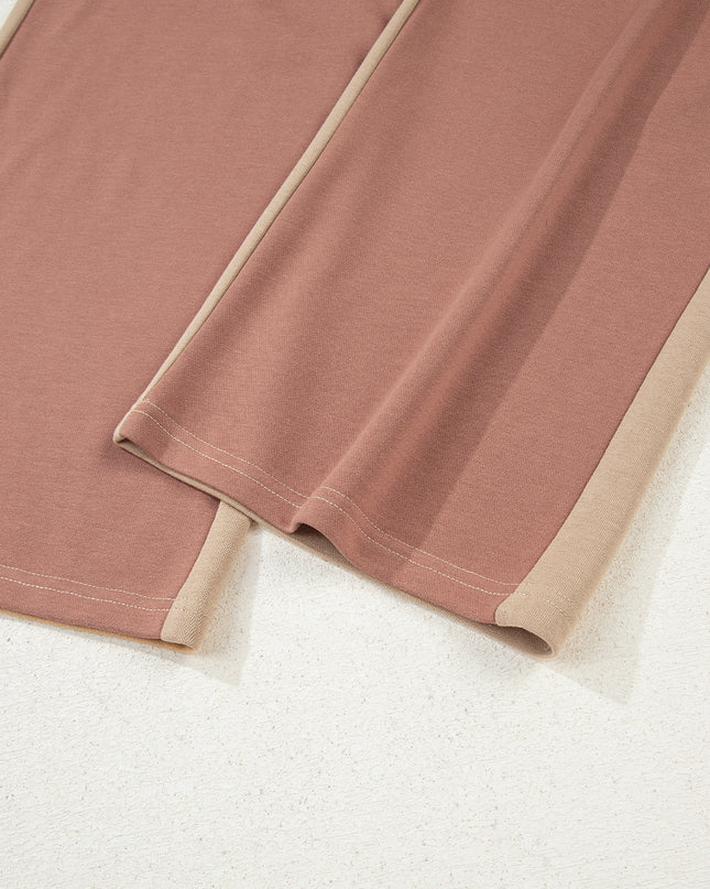 Khaki Color Block Long Sleeve Crop Top Drawstring Pant Set