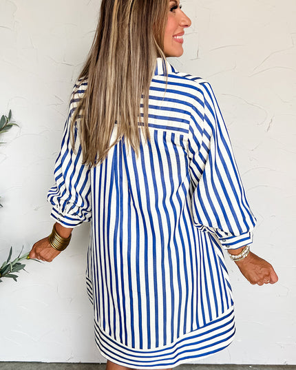 Blue Striped Collared Half Button Side Pockets Loose Fit Mini Dress