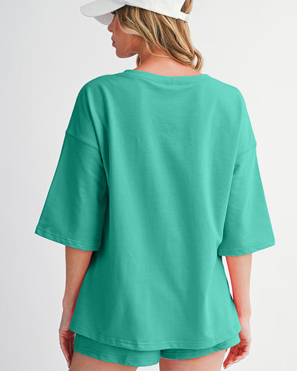 Bonbon Loose V Neck Tee and Drawstring Shorts Set