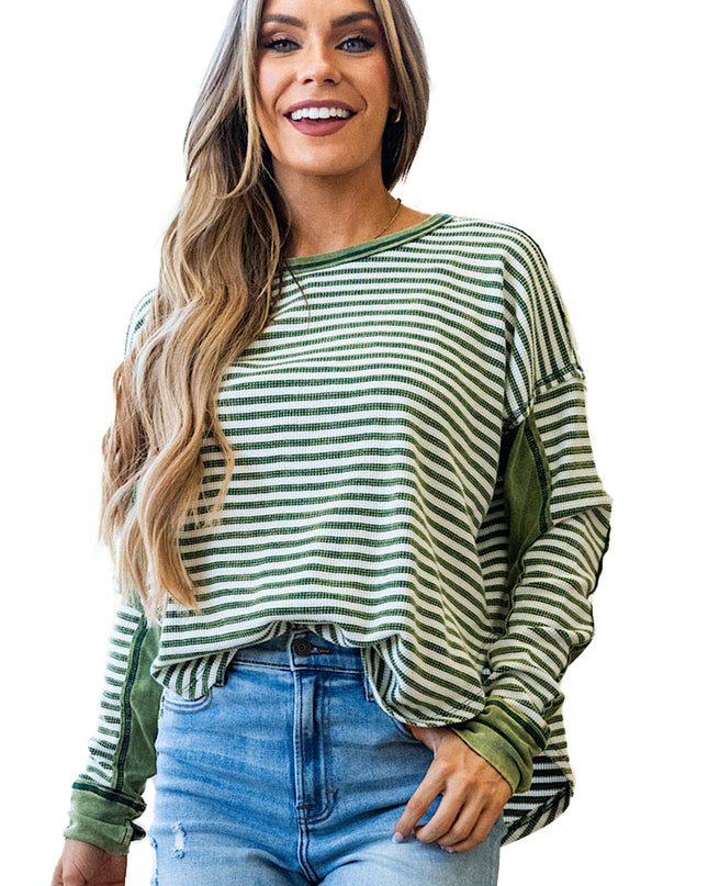 Green Striped Patchwork Knit Drop Shoulder Top