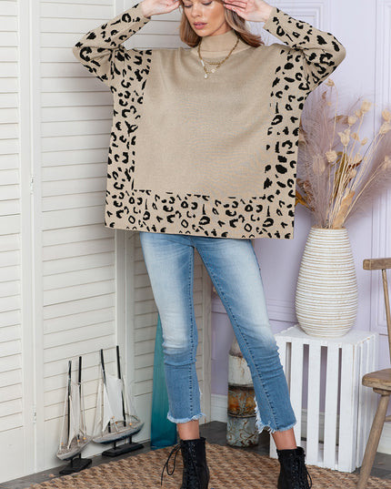 Khaki Leopard Casual Side Slit High Neck Oversized Sweater