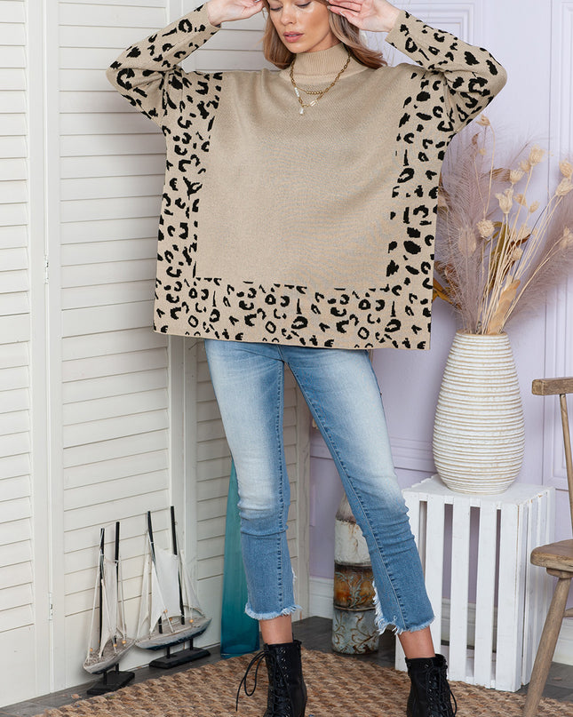 Khaki Leopard Casual Side Slit High Neck Oversized Sweater
