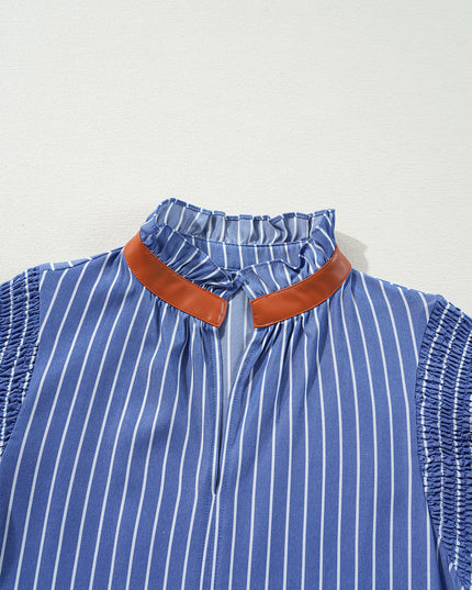 Sky Blue Stripe Frilly Split Neck Shirred Ruffle Sleeve Mini Shift Dress