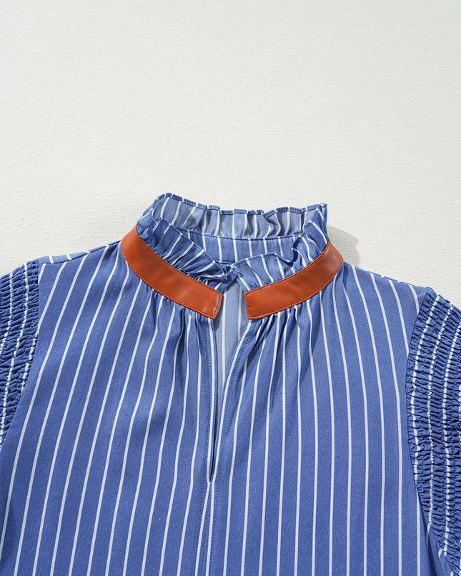 Sky Blue Stripe Frilly Split Neck Shirred Ruffle Sleeve Mini Shift Dress