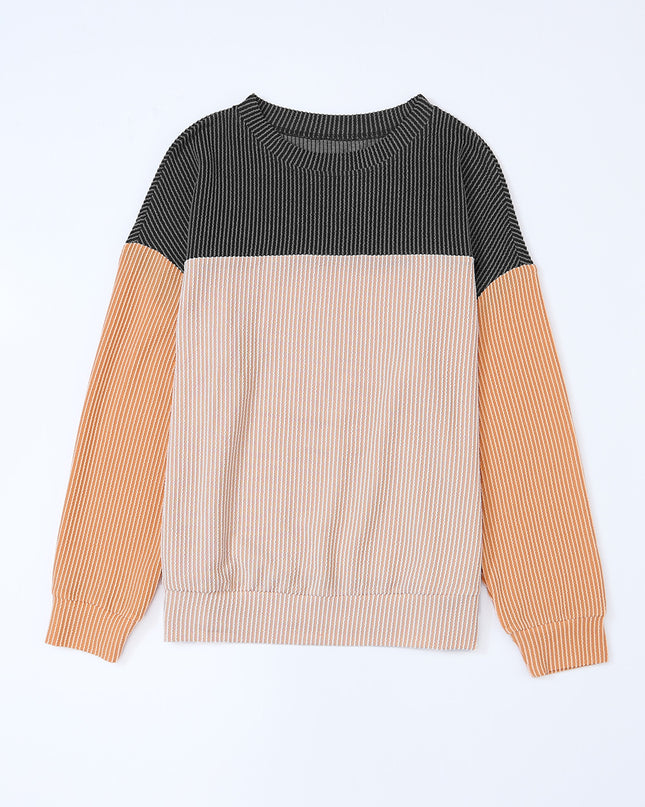 Multicolor Colorblock Ribbed Loose Long Sleeve Top