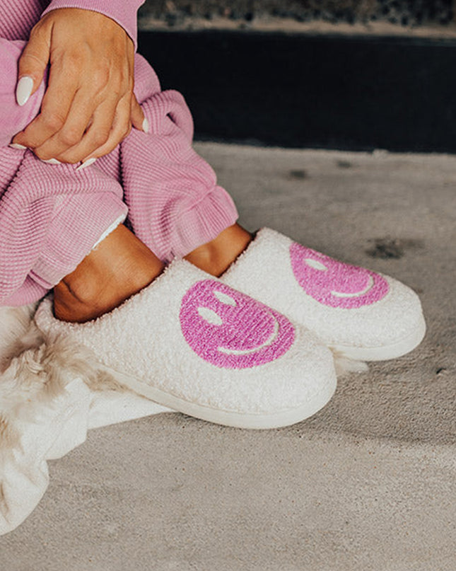 Pink Smile Face Print Non-slip Plush Home Slippers