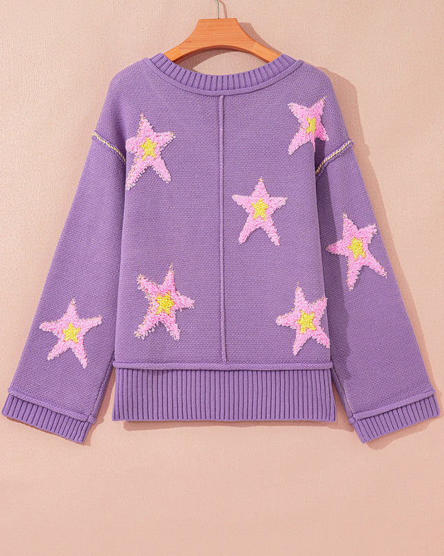 Lavendula Brushed Star Graphic V Neck Drop Shoulder Oversize Sweater
