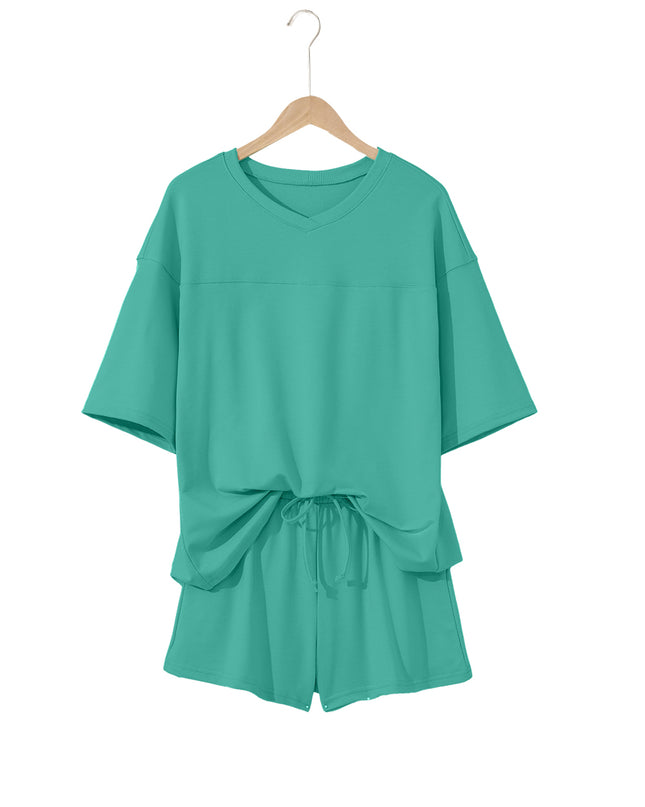 Bonbon Loose V Neck Tee and Drawstring Shorts Set
