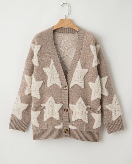 Khaki Star Pattern Pockets Button Front Cardigan