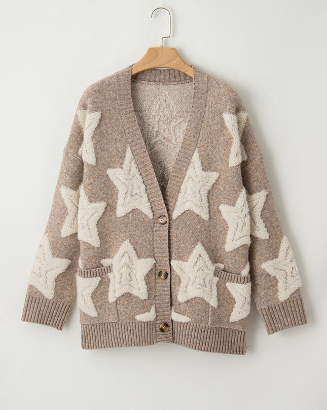 Khaki Star Pattern Pockets Button Front Cardigan