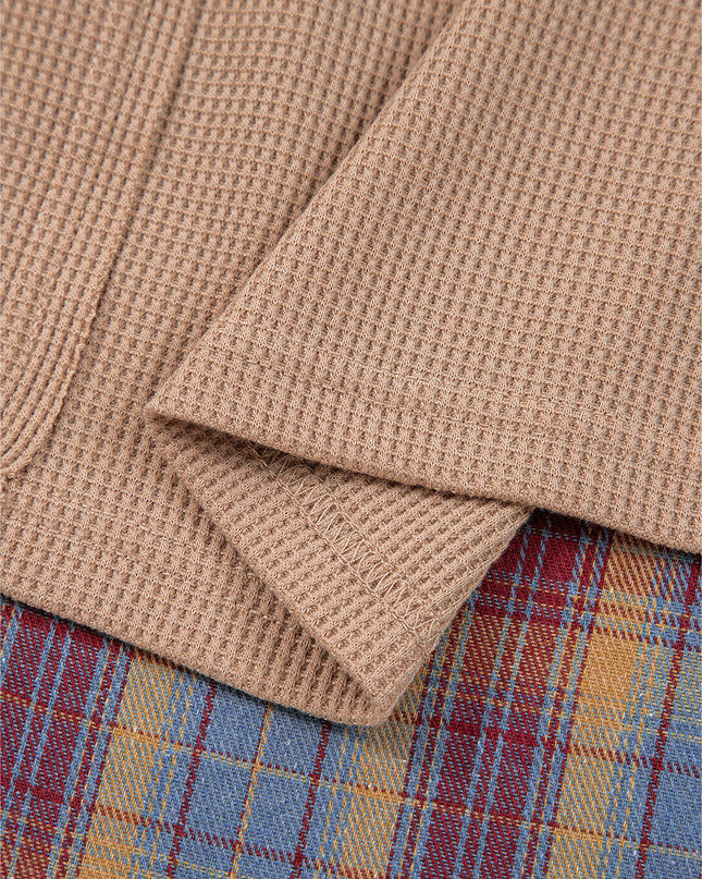 Straw Yellow Waffle Stripe Plaid Patchwork Henley Top