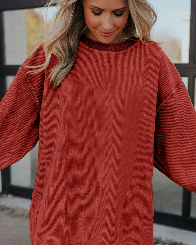Red Plain Drop Sleeve Rib Knit Oversized Sweatshirt