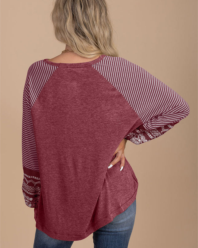 Rose Red Contrast Print Striped Raglan Long Sleeve Loose Top