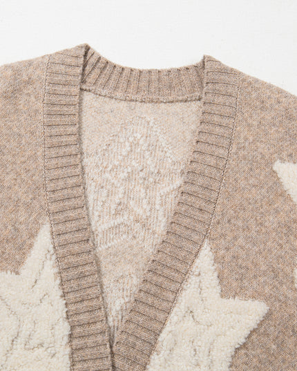 Khaki Star Pattern Pockets Button Front Cardigan