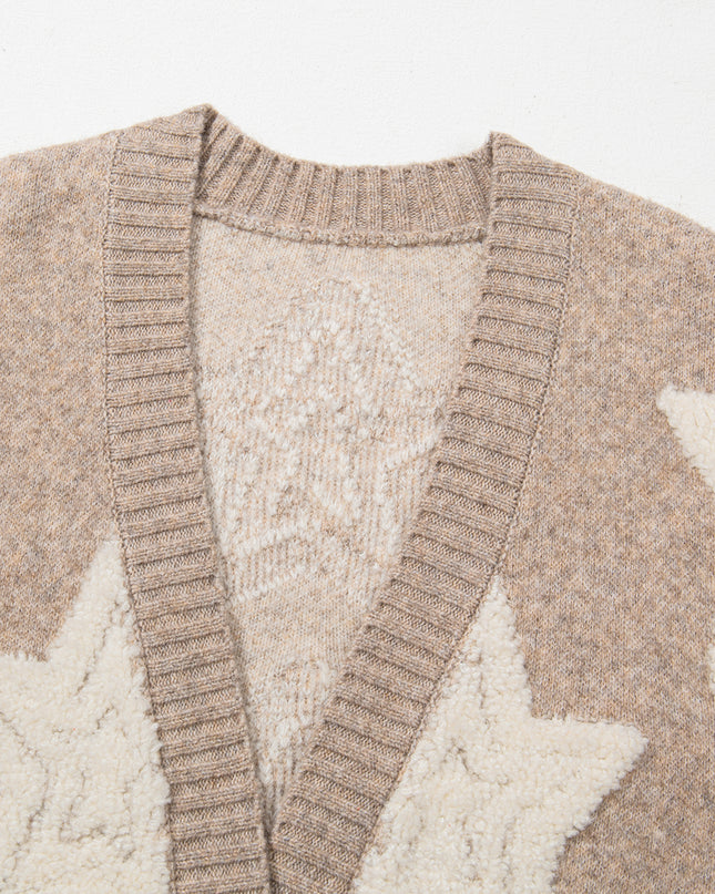 Khaki Star Pattern Pockets Button Front Cardigan