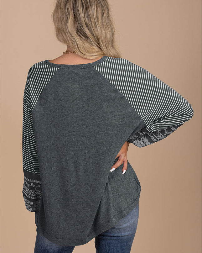 Rose Red Contrast Print Striped Raglan Long Sleeve Loose Top